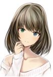  :d bangs bare_shoulders blue_eyes brown_hair collarbone eyebrows_visible_through_hair green_eyes hand_on_own_face heterochromia idolmaster idolmaster_cinderella_girls light_blush long_hair looking_at_viewer medium_hair mole mole_under_eye nannacy7 off-shoulder_shirt off_shoulder open_mouth shirt simple_background smile solo takagaki_kaede upper_body white_background white_shirt 