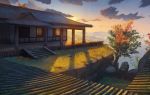  architecture artist_name building clouds commentary east_asian_architecture grass highres house mountain mountainous_horizon no_humans outdoors rajawat rock scenery sekiro:_shadows_die_twice sky stairs sunset tree window 