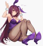  1girl animal_ears bangs blush breasts bunny_pose bunnysuit closed_mouth detached_collar fate/grand_order fate_(series) fishnet_legwear fishnets hair_between_eyes hands_up haoni high_heels highleg highleg_leotard highres large_breasts legs leotard long_hair looking_at_viewer purple_footwear purple_hair purple_leotard rabbit_ears red_eyes scathach_(fate)_(all) scathach_(fate/grand_order) simple_background translation_request white_background 