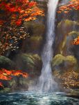  autumn_leaves cliff commentary highres leaf motion_blur nature no_humans rajawat river scenery sekiro:_shadows_die_twice tree water waterfall 