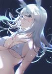  1girl animal_ears arknights bangs bare_shoulders bikini breasts commentary_request eyebrows_visible_through_hair frostnova_(arknights) grey_bikini grey_eyes hair_between_eyes highres long_hair medium_breasts parted_lips rabbit_ears silver_hair solo stomach swimsuit upper_body xion32 