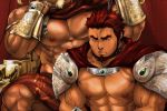  2boys abs armor bara bare_chest cape chain chained chest collar elbow_rest facial_hair forked_eyebrows goatee holding holding_chain male_focus manly masateruteru multiple_boys muscle nipples original pauldrons pectorals red_eyes redhead short_hair shoulder_armor sideburns vambraces 
