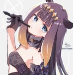  1girl arm_up bangs bare_shoulders black_dress black_gloves blue_eyes breasts brown_hair closed_mouth collarbone commentary_request dress eyebrows_visible_through_hair glint gloves gradient_hair grey_background half_gloves head_tilt headpiece highres holding holding_stylus hololive hololive_english long_hair looking_at_viewer looking_to_the_side multicolored_hair ninomae_ina&#039;nis purple_hair sidelocks signature simple_background small_breasts sofra solo strapless strapless_dress stylus twitter_username virtual_youtuber 