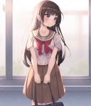  1girl absurdres bag bangs black_hair blue_eyes blurry blurry_background blush brown_sailor_collar brown_skirt closed_mouth commentary cowboy_shot eyebrows_visible_through_hair highres holding holding_bag keis_(locrian1357) long_hair looking_to_the_side original pleated_skirt red_neckwear sailor_collar school_bag school_uniform serafuku shirt short_sleeves sidelocks skirt solo standing white_shirt window 