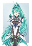  1girl :d arms_behind_back bangs blush breasts chest_jewel green_eyes green_hair grey_background highres large_breasts long_hair long_ponytail open_mouth pneuma_(xenoblade) ponytail sarasadou_dan smile solo swept_bangs tiara very_long_hair white_background xenoblade_chronicles_(series) xenoblade_chronicles_2 