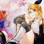  1girl aihara-rina artist_name bangs black_bow black_legwear black_shirt blonde_hair blue_eyes boots bow cross-laced_footwear detached_sleeves hair_ornament hairband hairclip hand_on_own_cheek kagamine_rin knee_boots knees_up lace-up_boots lace-up_top looking_at_viewer parted_lips roshin_yuukai_(vocaloid) shirt short_hair short_sleeves sitting solo swept_bangs thigh-highs two-tone_bow two-tone_shirt vocaloid white_bow white_footwear white_shirt 