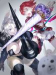  1boy 3girls angry animal_ears armor battle bertolucci_(pixiv_fantasia) blue_eyes blurry blurry_foreground borrowed_character breasts clash copyright_name depth_of_field duel fairy fairy_wings frown fur grey_hair holding holding_weapon huge_breasts impossible_clothes licorice_(pixiv_fantasia) minigirl multiple_girls nishihara_isao open_mouth pale_skin panties pixiv_fantasia pixiv_fantasia_sword_regalia pointy_ears r-riru_(pixiv_fantasia) rabbit_ears redhead seal shandy_(pixiv_fantasia) short_hair shouting string_panties thigh-highs thighs underwear weapon wings 