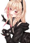  black_gloves black_jacket black_scarf black_tank_top blonde_hair coffeedog commentary_request eyebrows eyebrows_visible_through_hair fang girls_frontline gloves hair_over_shoulder happy head_tilt headgear highres jacket long_hair m4_sopmod_ii_(girls_frontline) multicolored_hair open_mouth pouch red_eyes redhead scarf shiny shiny_hair sidelocks simple_background smile tank_top v white_background 