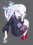  1girl albino bags_under_eyes bbci black_dress black_nails commentary_request dress eyebrows_visible_through_hair fate/grand_order fate_(series) grey_background horns lavinia_whateley_(fate/grand_order) long_hair long_sleeves ribbed_dress single_horn solo violet_eyes white_hair white_skin wide-eyed 