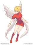  1girl angel_wings blonde_hair boots bracelet breasts breath_of_fire breath_of_fire_iii closed_mouth dress english_commentary gofelem green_eyes hairband jewelry knee_boots nina_(breath_of_fire_iii) puffy_sleeves short_hair simple_background smile solo white_background white_wings wings 