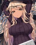  1girl alma_armas arms_up black-framed_eyewear blonde_hair breasts brown_eyes commentary_request dark_skin glasses highres keyboard_(computer) large_breasts long_hair looking_at_viewer lying on_back ribbed_sweater solo sweater turtleneck turtleneck_sweater va-11_hall-a yanagui 