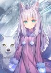  1girl animal animal_ears blue_eyes blush breasts closed_mouth commentary_request copyright_request crown dress fur-trimmed_dress fur-trimmed_sleeves fur_trim gloves long_hair long_sleeves looking_at_viewer medium_breasts mini_crown mittens pink_dress purple_hair rk_(rktorinegi) smile snowing solo striped tail tail_raised vertical-striped_dress vertical_stripes very_long_hair white_mittens wolf wolf_ears wolf_girl wolf_tail yellow_eyes 