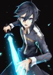  1boy absurdres belt black_background black_hair blue_eyes glowing glowing_sword glowing_weapon hair_between_eyes highres holding holding_sword holding_weapon homuntan kirito open_mouth solo sword sword_art_online sword_art_online:_alicization teeth tongue weapon 