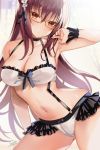  1girl armpits bangs bikini blush breasts choker eyebrows_visible_through_hair fate/grand_order fate_(series) frills glasses hair_between_eyes halter_top halterneck hand_up highres hijiri_ruka large_breasts long_hair looking_at_viewer maid_bikini maid_headdress navel purple_hair red_eyes scathach_(fate)_(all) scathach_(fate/grand_order) shiny shiny_skin sidelocks solo stomach swimsuit thighs very_long_hair wrist_cuffs 