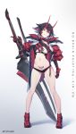  1girl armor artist_name ass_visible_through_thighs black_hair breasts full_body highres holding holding_sword holding_weapon horns large_breasts looking_at_viewer navel nian original pubic_tattoo red_eyes short_hair solo standing sword tattoo under_boob watermark weapon 