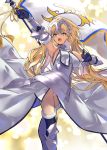  1girl absurdres arm_up armor bangs blonde_hair blue_eyes breasts chain collar dress elbow_gloves fate/apocrypha fate_(series) faulds flag gauntlets gloves headpiece highres huge_filesize jeanne_d&#039;arc_(fate) jeanne_d&#039;arc_(fate)_(all) jikatarou large_breasts long_hair metal_collar open_mouth plackart thigh-highs thighs very_long_hair white_dress 