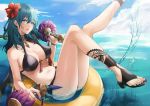  1girl aqua_hair bangs bare_arms bare_legs bare_shoulders bikini black_bikini black_footwear blue_eyes blue_sky breasts byleth_(fire_emblem) byleth_eisner_(female) byleth_eisner_(female) clouds commentary cute day expulse feet_out_of_frame female_my_unit_(fire_emblem:_three_houses) fire_emblem fire_emblem:_three_houses fire_emblem:_three_houses fire_emblem_16 fire_emblem_heroes flower hair_between_eyes hair_flower hair_ornament hibiscus holding innertube intelligent_systems knee_up leg_up long_hair looking_at_viewer medium_breasts my_unit_(fire_emblem:_three_houses) nail_polish navel nintendo parted_lips purple_nails red_flower sandals sitting sky solo stomach swimsuit thighs toenail_polish water 