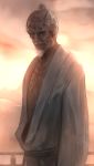  1boy arm_at_side ashina_isshin bald_spot beard closed_mouth commentary_request cowboy_shot expressionless facial_hair grey_hair highres japanese_clothes kimono long_sleeves looking_at_viewer male_focus old_man one_eye_closed open_clothes outdoors scar scar_across_eye sekiro:_shadows_die_twice short_hair sky solo standing sunset upper_body very_short_hair weasel_(close-to-the-edge) white_kimono 