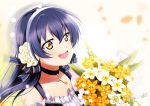  1girl absurdres bangs bare_shoulders blue_hair blush bouquet choker eyebrows_visible_through_hair flower from_side headband highres holding holding_bouquet long_hair looking_to_the_side love_live! love_live!_school_idol_project nota_ika open_mouth simple_background smile solo sonoda_umi upper_body yellow_eyes 