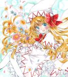  1girl :d blonde_hair blue_eyes blush bow bowtie capelet dress fairy_wings flower_request frilled_skirt frills hair_bow hat knees_together_feet_apart lace-trimmed_capelet lace-trimmed_sleeves lily_white long_hair long_sleeves looking_at_viewer marker_(medium) mizame open_mouth petticoat red_bow red_neckwear skirt smile solo touhou traditional_media white_legwear wings 