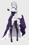  1girl alternate_costume breasts dress eyebrows_visible_through_hair facial_mark girls_frontline gloves green_eyes hair_ornament highres hk416_(girls_frontline) large_breasts long_hair looking_at_viewer silver_hair smile solo teardrop thick_thighs thigh-highs thighs 