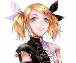  1girl aihara-rina black_bow black_shirt blonde_hair blue_eyes bow frilled_sleeves frills grin hair_bow hair_ornament hairclip kagamine_rin lips portrait roshin_yuukai_(vocaloid) shirt short_hair short_sleeves short_twintails smile solo twintails two-tone_shirt vocaloid white_background white_bow white_shirt 