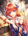  1girl :p arknights artist_name bagpipe_(arknights) bambi_nano bangs blush bug dated dragon_horns dragonfly hay highres holding horns insect leaning_to_the_side long_hair looking_at_viewer off_shoulder orange_hair overalls pitchfork shirt signature smile solo tongue tongue_out very_long_hair violet_eyes white_shirt 