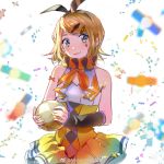  1girl aihara-rina arm_warmers ball bangs bare_shoulders black_sleeves blonde_hair blue_eyes bow diamond_(shape) dress facial_tattoo hair_bow hair_ornament hairband hairclip holding holding_ball kagamine_rin looking_at_viewer neck_ruff orange_dress orange_neckwear short_hair sleeveless sleeveless_dress smile solo swept_bangs tattoo upper_body vocaloid white_background 