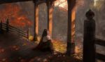  1girl absurdres autumn autumn_leaves black_hair commentary_request divine_child_of_rejuvenation facing_away from_behind highres huge_filesize igarashi_(wp13) japanese_clothes kimono leaf long_hair long_sleeves nature outdoors pillar railing scenery sekiro:_shadows_die_twice sitting solo stairs tree water wooden_floor 