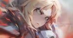  1girl armor bangs blonde_hair blurry blurry_background close-up closed_mouth commentary face fate/grand_order fate_(series) gray_bear green_eyes lips long_hair mordred_(fate) mordred_(fate)_(all) parted_bangs patreon_username ponytail solo twitter_username watermark web_address 