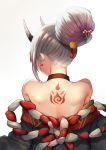  absurdres back back_tattoo bare_shoulders bell black_kimono earrings from_behind hair_bell hair_bun hair_ornament hair_up halterneck highres hololive horns japanese_clothes jewelry jingle_bell kimono long_hair miyayosh multicolored_hair nakiri_ayame nape off_shoulder oni oni_horns redhead rope shimenawa shoulder_blades silver_hair solo streaked_hair tattoo upper_body virtual_youtuber 