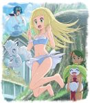  3girls absurdres alolan_form alolan_vulpix bangs barefoot blonde_hair blue_eyes blue_hair blue_swimsuit breasts bubble closed_mouth clouds collarbone commentary_request day eyelashes floating_hair gen_7_pokemon goggles goggles_on_head green_eyes green_hair hands_up highres holding holding_pokemon jumping lana_(pokemon) lillie_(pokemon) long_hair mallow_(pokemon) multiple_girls no_sclera one-piece_swimsuit outdoors pokemoa pokemon pokemon_(anime) pokemon_(creature) pokemon_sm_(anime) popplio short_hair sky smile steenee swimsuit toes twintails 