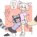  2girls animal_ear_fluff animal_ears bangs black_eyes black_skirt blonde_hair blue_shirt blush bottle bow bowtie closed_eyes commentary_request common_raccoon_(kemono_friends) crying eyebrows_visible_through_hair fennec_(kemono_friends) fox_ears fox_tail grey_hair hair_between_eyes hug kemono_friends kneeling multicolored_hair multiple_girls nose_blush pink_shirt pleated_skirt puffy_short_sleeves puffy_sleeves raccoon_ears raccoon_tail red_background shirt short_hair short_sleeves simple_background skirt standing striped_tail tail tears thigh-highs thought_bubble tmtkn1 translation_request waist_hug yellow_bow yellow_neckwear 