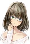  :d bangs bare_shoulders blue_eyes brown_hair collarbone eyebrows_visible_through_hair glasses green_eyes hand_on_own_face heterochromia idolmaster idolmaster_cinderella_girls light_blush long_hair looking_at_viewer medium_hair mole mole_under_eye nannacy7 off-shoulder_shirt off_shoulder open_mouth shirt simple_background smile solo takagaki_kaede upper_body white_background white_shirt 