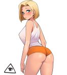  1girl android_18 ass bare_shoulders blonde_hair blue_eyes blush breasts cowboy_shot donburikazoku dragon_ball dragon_ball_z highres hooters large_breasts looking_at_viewer short_hair shorts simple_background sleeveless solo standing white_background 