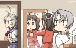  3girls alternate_costume antenna_hair asymmetrical_hair bangs brown_eyes brown_hair commentary_request cup dated double_bun flipped_hair green_eyes grey_eyes grey_hair hair_tie hamu_koutarou highres jacket kantai_collection kinugasa_(kantai_collection) looking_at_mirror mirror mug multiple_girls naka_(kantai_collection) necktie nowaki_(kantai_collection) one_side_up pants pleated_skirt profile purple_sailor_collar purple_skirt red_jacket red_pants reflection remodel_(kantai_collection) sailor_collar school_uniform serafuku sheeeh! shirt short_hair silver_hair skirt standing standing_on_one_leg swept_bangs t-shirt track_jacket track_pants track_suit upper_body white_shirt yellow_neckwear 