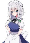  1girl blue_eyes commentary_request eyebrows_visible_through_hair gloves green_ribbon grey_hair hair_ribbon highres izayoi_sakuya looking_at_viewer maid_headdress puffy_short_sleeves puffy_sleeves ribbon short_hair short_sleeves simple_background solo touhou tsukimirin white_background white_gloves 