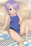  1girl absurdres barefoot blue_swimsuit bottle breasts cafe_stella_to_shinigami_no_chou commentary_request competition_swimsuit eyes_visible_through_hair green_eyes hair_over_one_eye highres hiuchidani_mei looking_at_viewer one-piece_swimsuit open_mouth poolside purple_hair short_hair sitting small_breasts solo swimsuit yappe 