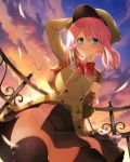  1girl arm_up black_legwear blue_eyes blush character_request clouds commentary_request copyright_request double_bun hair_between_eyes hat jiiwara looking_at_viewer ribbon short_hair sky smile sunset thigh-highs 