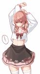  .live arms_up belly blush hair_between_eyes hair_ornament highres kitakami_futaba low_twintails medium_hair mikokomiyazawa navel open_mouth pink_eyes pink_hair shaded_face simple_background thigh-highs translation_request twintails virtual_youtuber white_background 