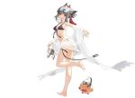  1girl :d animal animal_ears animal_on_shoulder armpits azur_lane bare_shoulders barefoot bikini bird black_bikini breasts chick earrings eyewear_on_head front-tie_bikini front-tie_top full_body glint grey_hair halterneck highres jewelry leg_up long_hair looking_at_viewer manjuu_(azur_lane) navel official_art open_mouth orange_eyes outstretched_arm ponytail sandals sandals_removed shawl shisantian side-tie_bikini skindentation small_breasts smile solo standing standing_on_one_leg stomach string_bikini sunglasses suzutsuki_(azur_lane) suzutsuki_(beachside_attendant!)_(azur_lane) swimsuit thigh_strap thighs transparent_background 