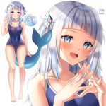 1girl absurdres artist_name bangs bare_shoulders bloop_(gawr_gura) blue_eyes blunt_bangs blush breasts collarbone commentary covered_navel eyelashes fingers_together full_body gawr_gura hands_up highres hololive hololive_english huge_filesize long_hair looking_at_viewer open_mouth school_swimsuit shark_girl shark_hair_ornament shark_tail sharp_teeth short_twintails sidelocks silver_hair simple_background smile steepled_fingers swimsuit tail teeth twintails upper_body vitaminechan white_background