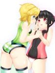  2girls absurdres akatsuki_kirika ass bangs black_hair blonde_hair blunt_bangs blush breasts covered_navel from_behind green_eyes green_leotard hand_on_another&#039;s_face highres leotard long_hair multiple_girls pink_eyes pink_leotard senki_zesshou_symphogear shiny shiny_clothes shiny_hair shiny_skin sho2 short_hair skin_tight small_breasts standing striped striped_legwear thigh-highs tsukuyomi_shirabe twintails yuri 