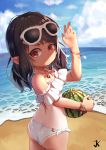  1girl arm_up ass beach bikini black_hair bracelet brown_eyes clouds eyewear_on_head final_fantasy final_fantasy_xiv food from_behind fruit horizon jewelry junkun lalafell looking_at_viewer looking_back ocean one-piece_tan outdoors pendant pointy_ears short_hair side-tie_bikini sky solo sunglasses swimsuit tan tanline upper_body watermelon waving white_bikini 