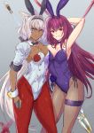  2girls animal_ears arm_behind_head arm_up armpits bangs blue_eyes blush body_markings breasts bunnysuit buttons caenis_(fate) clenched_teeth closed_mouth detached_collar fake_animal_ears fate/grand_order fate_(series) fishnet_legwear fishnets gae_bolg hair_between_eyes hairband highleg highleg_leotard highres ittokyu juliet_sleeves large_breasts leotard long_hair long_sleeves looking_at_viewer multiple_girls pantyhose polearm ponytail puffy_sleeves purple_hair purple_leotard rabbit_ears red_eyes red_legwear scathach_(fate)_(all) scathach_(fate/grand_order) shrug_(clothing) silver_hair smile spear teeth thighs weapon white_leotard wrist_cuffs 