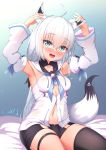  :d animal_ear_fluff animal_ears armpits arms_up artist_name bangs bed_sheet black_legwear black_shorts blue_eyes blue_neckwear blush breasts commentary_request detached_sleeves eyebrows_visible_through_hair fox_ears fox_girl fox_tail gmkj hair_between_eyes highres hololive hood hood_down long_hair long_sleeves looking_at_viewer low_ponytail medium_breasts navel nose_blush open_mouth shirakami_fubuki short_shorts shorts signature sitting smile star_(symbol) tail thigh-highs very_long_hair virtual_youtuber white_hair white_sleeves wide_sleeves 