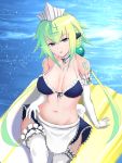  1girl apron bangs bare_shoulders blush bombergirl breasts dogmomiji emera_(bombergirl) eyebrows_visible_through_hair gloves green_eyes green_hair hair_between_eyes hair_ornament highres long_hair looking_at_viewer skirt solo swimsuit thigh-highs twintails very_long_hair 