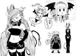  5girls :&gt; absurdres ahoge barefoot black_collar black_footwear black_sclera black_tail boots breasts cigarette collar crossed_arms crossover demon_girl demon_horns demon_tail demon_wings earrings elbow_gloves eyebrows_visible_through_hair fang fangs feathered_wings fingerless_gloves formal gloves gothic gothic_lolita greyscale hair_between_eyes hair_over_one_eye head_wings height_conscious height_difference highres hook horns jewelry juugoya_(zyugoya) kewpie_(mazohaha) large_breasts lizette_(mazohaha) lolita_fashion long_hair low_wings midriff monochrome multiple_girls musuko_ga_kawaikute_shikatanai_mazoku_no_hahaoya navel nightmare_(mazohaha) pointy_ears ringed_eyes sakuma_(yuuutsu-kun_to_succubus-san) single_horn smile smoking sparkle speech_bubble suit tail teresa_(mazohaha) thigh-highs thigh_boots triangle_mouth vampire very_long_hair wings yuuutsu-kun_to_succubus-san 