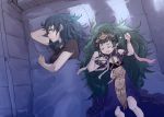 2girls bed blue_eyes blue_hair braid byleth_(fire_emblem) byleth_eisner_(female) closed_eyes closed_mouth dress fire_emblem fire_emblem:_three_houses green_hair long_hair lying multiple_girls on_side open_mouth pillow pointy_ears ribbon_braid robaco sleeping sothis_(fire_emblem) twin_braids twitter_username 