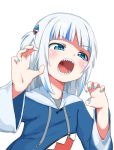  1girl blue_eyes blue_nails blush bubukka eyebrows_visible_through_hair fingernails gawr_gura hair_ornament hololive hololive_english long_sleeves multicolored_hair nail_polish open_mouth sharp_teeth simple_background solo teeth two-tone_hair upper_body virtual_youtuber white_background white_hair 